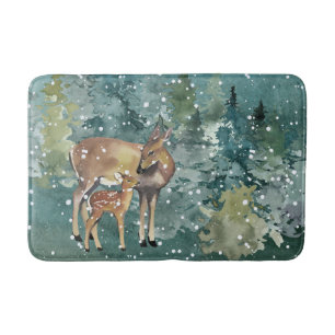 Doe and Fawn Deer in Forest Full Moon Snowfall Bath Mat