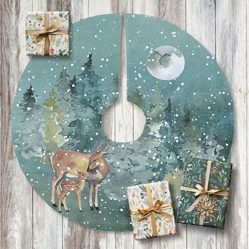 Doe and Fawn Deer in Forest Full Moon Snowfall Brushed Polyester Tree Skirt