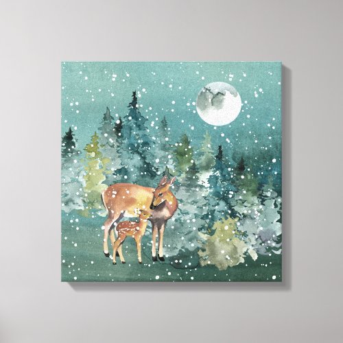 Doe and Fawn Deer in Forest Full Moon Snowfall Canvas Print