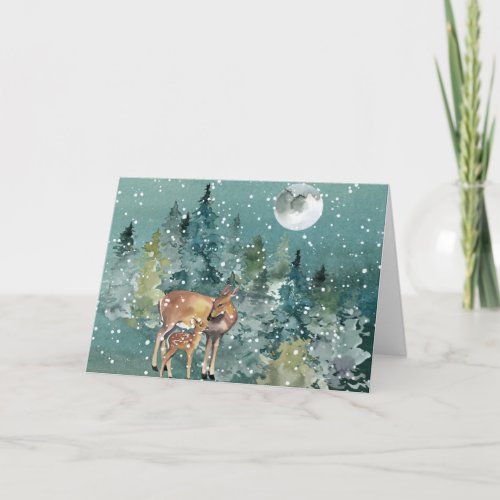 Doe and Fawn Deer in Forest Full Moon Snowfall Card