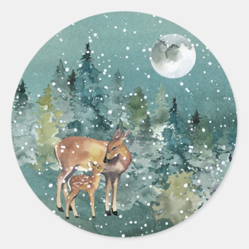 Doe and Fawn Deer in Forest Full Moon Snowfall Classic Round Sticker