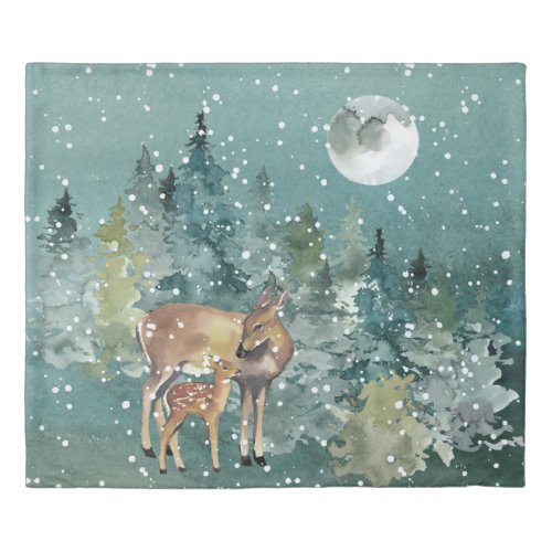 Doe and Fawn Deer in Forest Full Moon Snowfall Duvet Cover