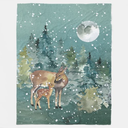 Doe and Fawn Deer in Forest Full Moon Snowfall Fleece Blanket
