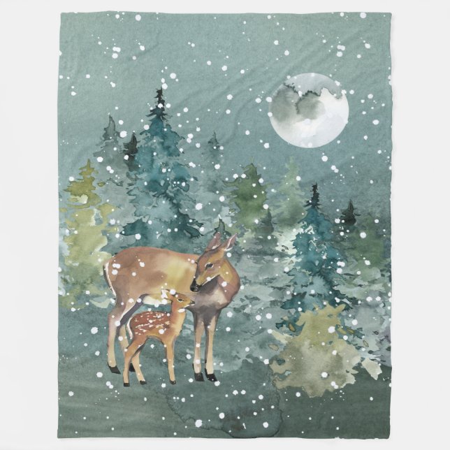 Doe and Fawn Deer in Forest Full Moon Snowfall Fleece Blanket (Front)