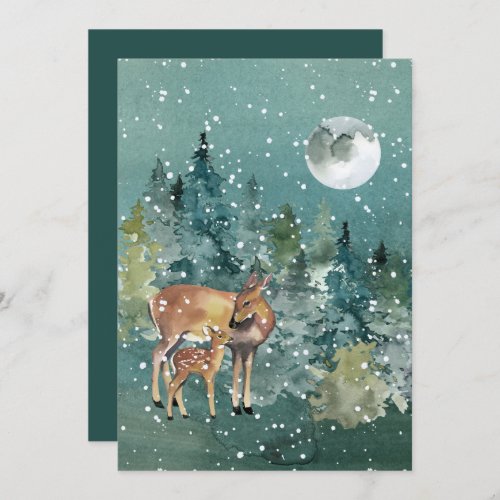 Doe and Fawn Deer in Forest Full Moon Snowfall Holiday Card