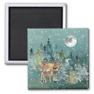 Doe and Fawn Deer in Forest Full Moon Snowfall Magnet