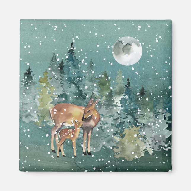 Doe and Fawn Deer in Forest Full Moon Snowfall Magnet (Front)