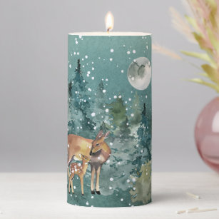 Doe and Fawn Deer in Forest Full Moon Snowfall Pillar Candle