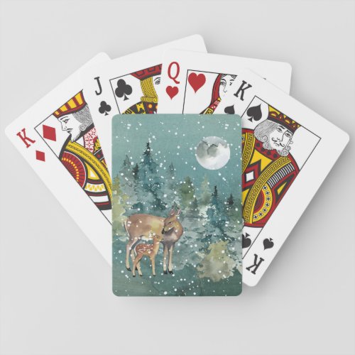 Doe and Fawn Deer in Forest Full Moon Snowfall Poker Cards