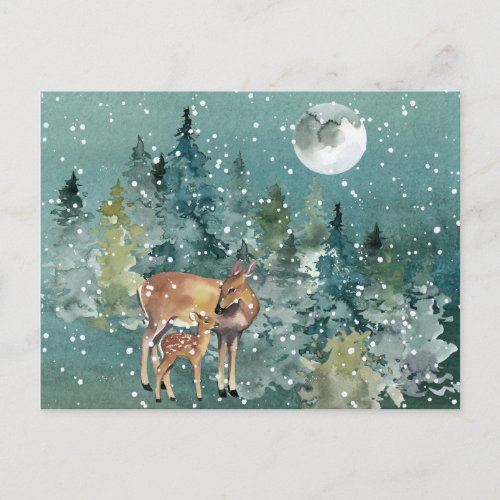 Doe and Fawn Deer in Forest Full Moon Snowfall Postcard