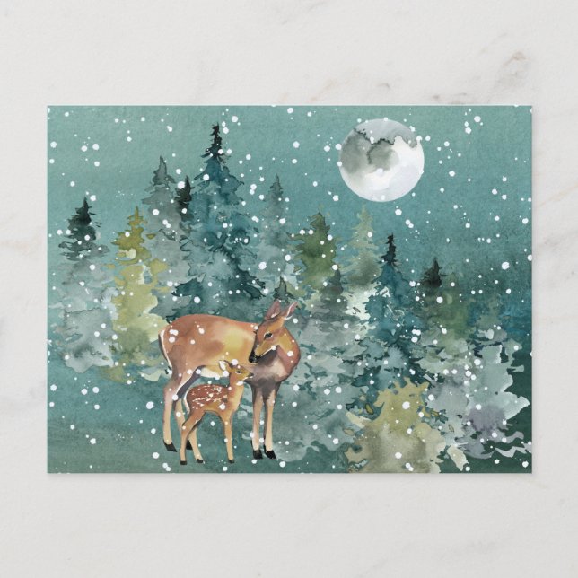 Doe and Fawn Deer in Forest Full Moon Snowfall Postcard (Front)