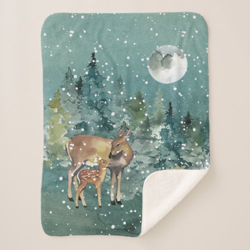 Doe and Fawn Deer in Forest Full Moon Snowfall Sherpa Blanket