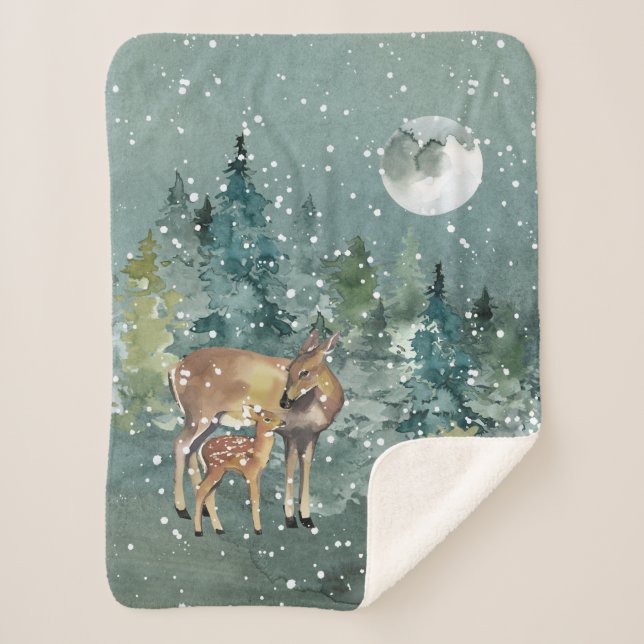 Doe and Fawn Deer in Forest Full Moon Snowfall Sherpa Blanket (Front)
