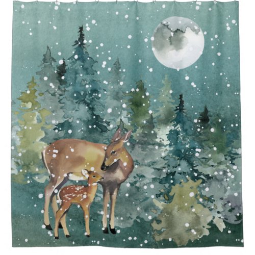 Doe and Fawn Deer in Forest Full Moon Snowfall Shower Curtain