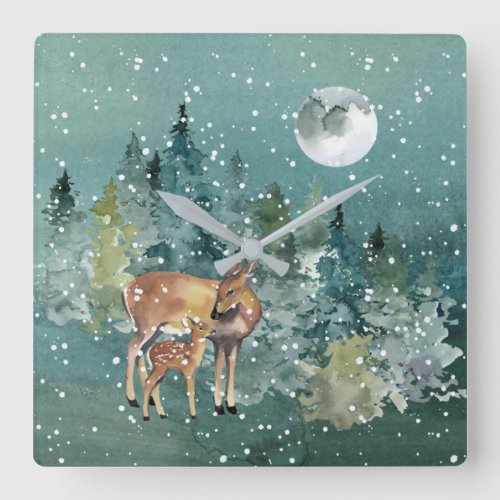 Doe and Fawn Deer in Forest Full Moon Snowfall Square Wall Clock