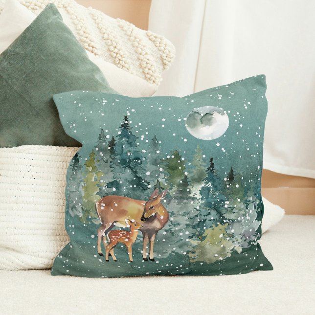 Doe and Fawn Deer in Forest Full Moon Snowfall Throw Pillow (Doe and Fawn Deer in Forest Full Moon Snowfall Christmas Throw Pillow)