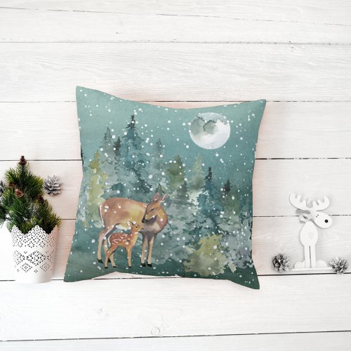 Doe and Fawn Deer in Forest Full Moon Snowfall Throw Pillow