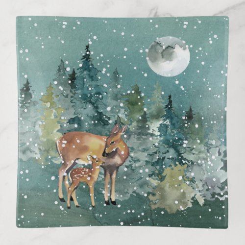 Doe and Fawn Deer in Forest Full Moon Snowfall Trinket Tray