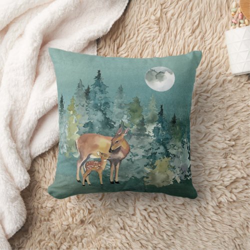 Doe and Fawn Deer in Forest Full Moon Throw Pillow