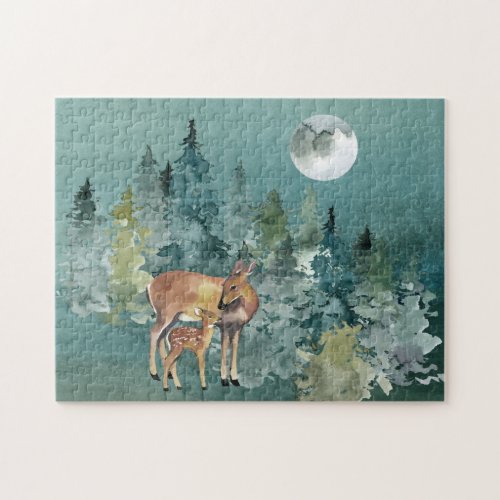 Doe and Fawn Deer in Forest Full Moon Watercolor Jigsaw Puzzle