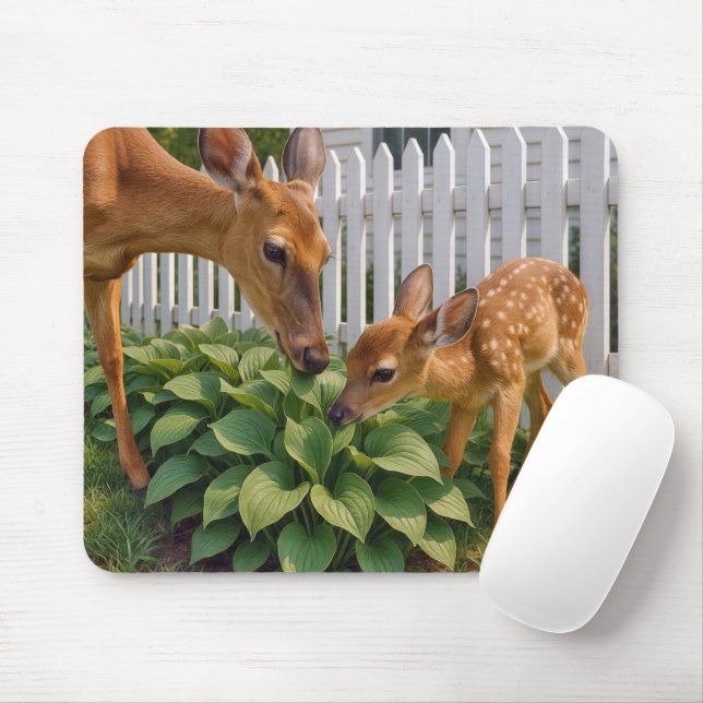 Doe and Fawn Eating Hosta Mouse Pad (With Mouse)
