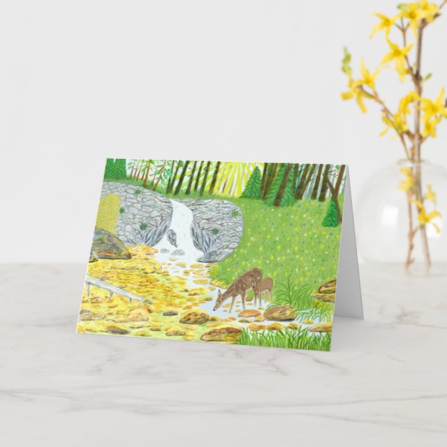 Doe and Fawn Folded Greeting Card (Yellow Flower)