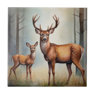 Doe And Fawn In Woodland Light Landscape Ceramic Tile
