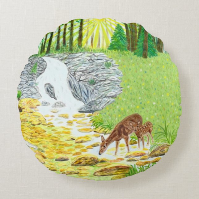 Doe and Fawn Round Pillow (Front)