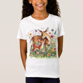Doe Deer and Fawn Standing in Wildflowers Kids 