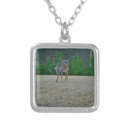 Doe  Deer on a winter golf course Silver Plated Necklace
