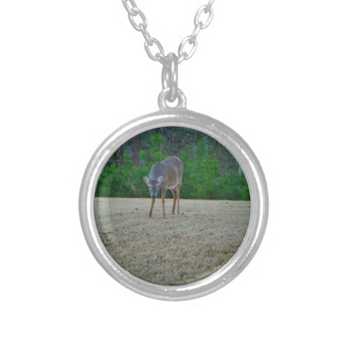 Doe  Deer on a winter golf course Silver Plated Necklace