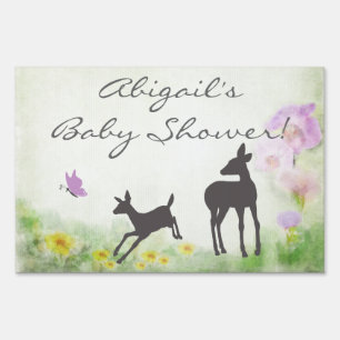 Doe, Fawn and Butterfly Deer Baby Shower Sign