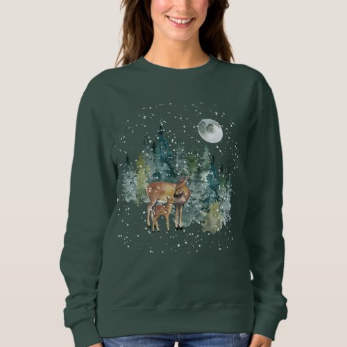 Doe Fawn Deer Forest Full Moon Snowfall Christmas Sweatshirt