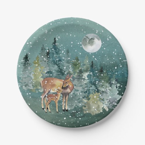 Doe Fawn Deer Forest Full Moon Snowfall Holiday Paper Plates