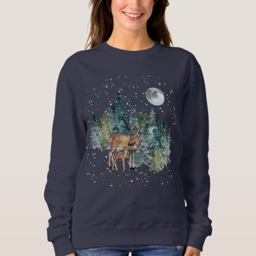 Doe Fawn Deer Forest Full Moon Snowfall Holiday Sweatshirt