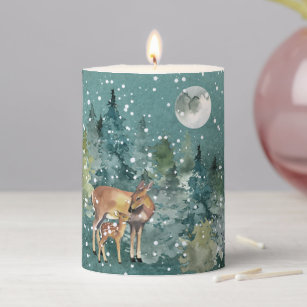 Doe Fawn Deer Forest Full Moon Snowfall Small Pillar Candle