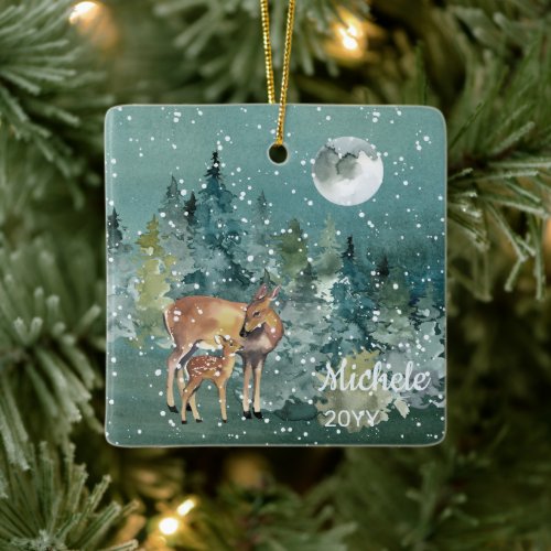 Doe Fawn Deer Forest Full Moon Snowfall Watercolor Ceramic Ornament