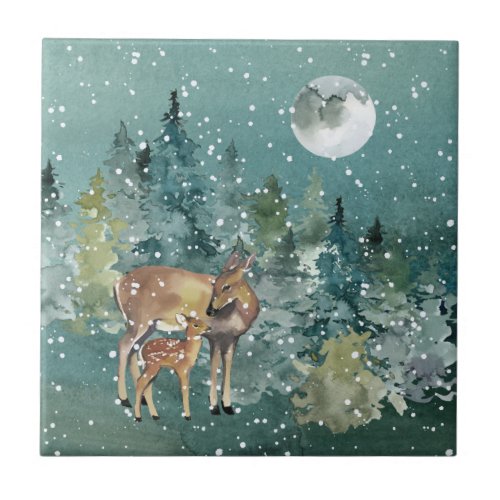 Doe Fawn Deer Forest Full Moon Snowfall Watercolor Ceramic Tile