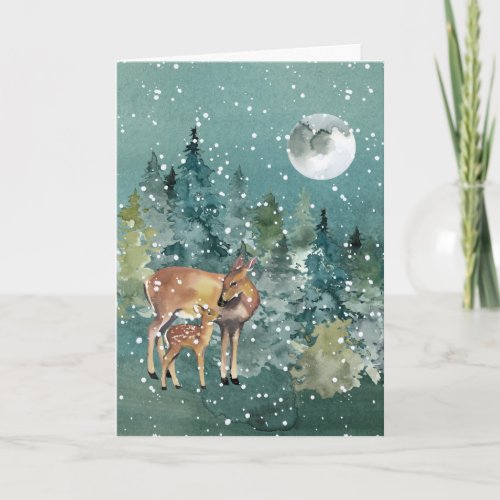 Doe Fawn Deer Forest Full Moon Snowfall Watercolor Holiday Card
