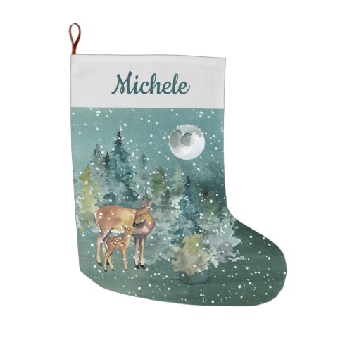 Doe Fawn Deer Forest Full Moon Snowfall Watercolor Large Christmas Stocking