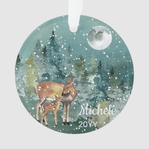 Doe Fawn Deer Forest Full Moon Snowfall Watercolor Ornament