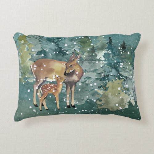 Doe Fawn Deer in Forest Snowfall Accent Pillow