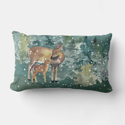 Doe Fawn Deer in Forest Snowfall Lumbar Pillow