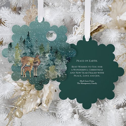 Doe Fawn in Forest Full Moon Snowfall Christmas Ornament Card