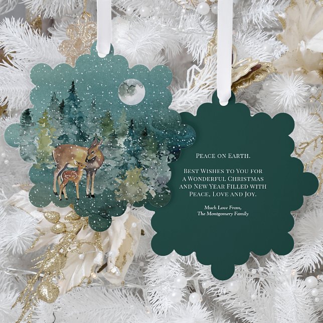 Doe Fawn in Forest Full Moon Snowfall Christmas Ornament Card (Creator Uploaded)