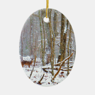 Doe in the snow, Deer in Lake Arrowhead Ceramic Ornament
