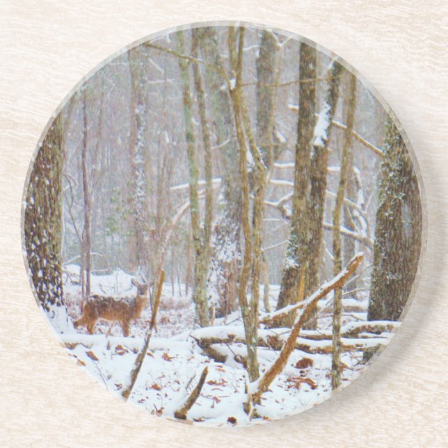 Doe in the snow, Deer in Lake Arrowhead Sandstone Coaster (Front)