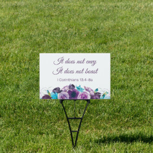 Does Not Envy or Boast Purple Blue Floral Wedding Sign