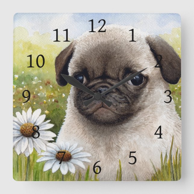 Dog 114 Pug Daisy flower Square Wall Clock (Front)