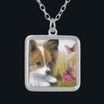 Dog 123 Papillon dog with Butterflies Silver Plated Necklace<br><div class="desc">This is an image from one of original art paintings by canadian artist Lucie Dumas.</div>